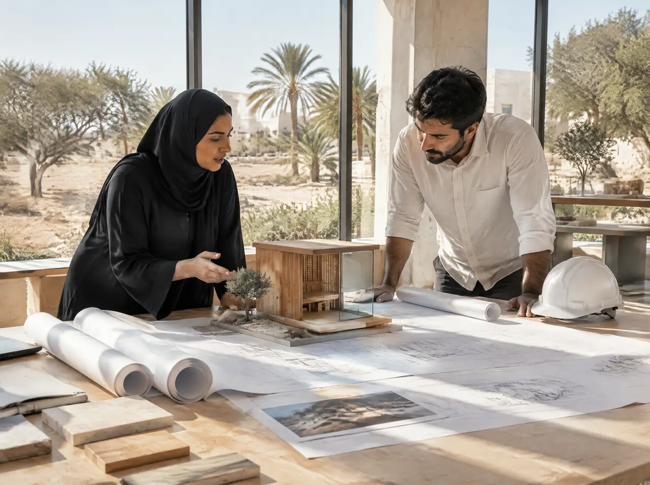 A Gulf Arab woman architect and an engineer with a hard hat at a large table in a design studio, studying rolled drawings with a small cedar and glass sauna model between them