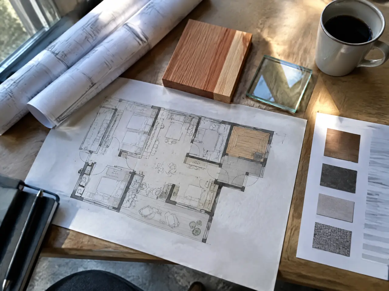 Architect's desk seen from above with rolled drawings, a hotel floor plan with a sauna drawn on it, a cedar sample, a small glass sample, a printed spec sheet and a cup of coffee