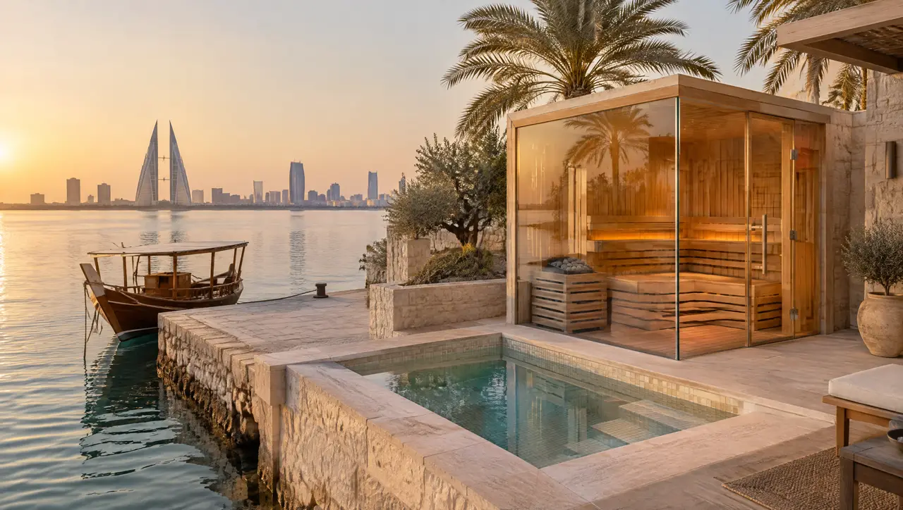 Island villa in Bahrain at golden hour with a small stone quay and a wooden dhow, a terrace with a glass-cornered cedar sauna and a square cold plunge pool, date palms and the Manama skyline across the water