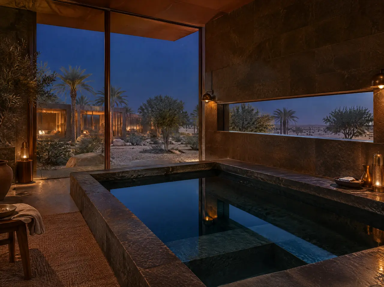 Cold plunge pool lined in dark basalt with a wide seat step, in a spa room with brass lamps and a slit window