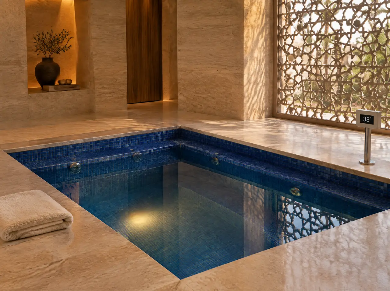 Built-in rectangular hot tub lined with lapis-blue glass mosaic set flush into a travertine floor in a villa wellness room, jet nozzles below the waterline, a small display reading 38° and daylight through a mashrabiya screen