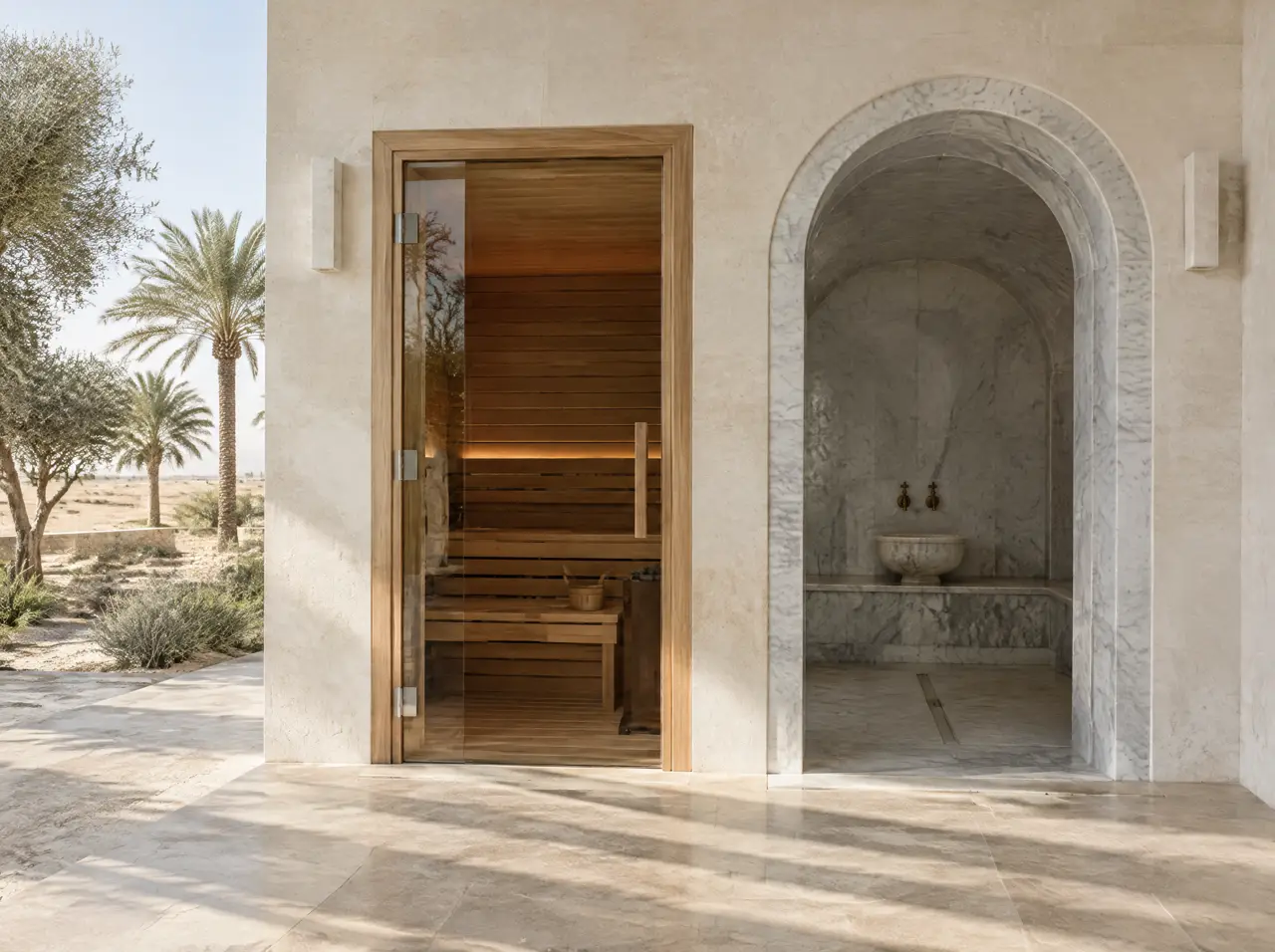 Spa corridor with a cedar-framed sauna glass door on the left and a marble-tiled arched hammam entrance on the right, side by side
