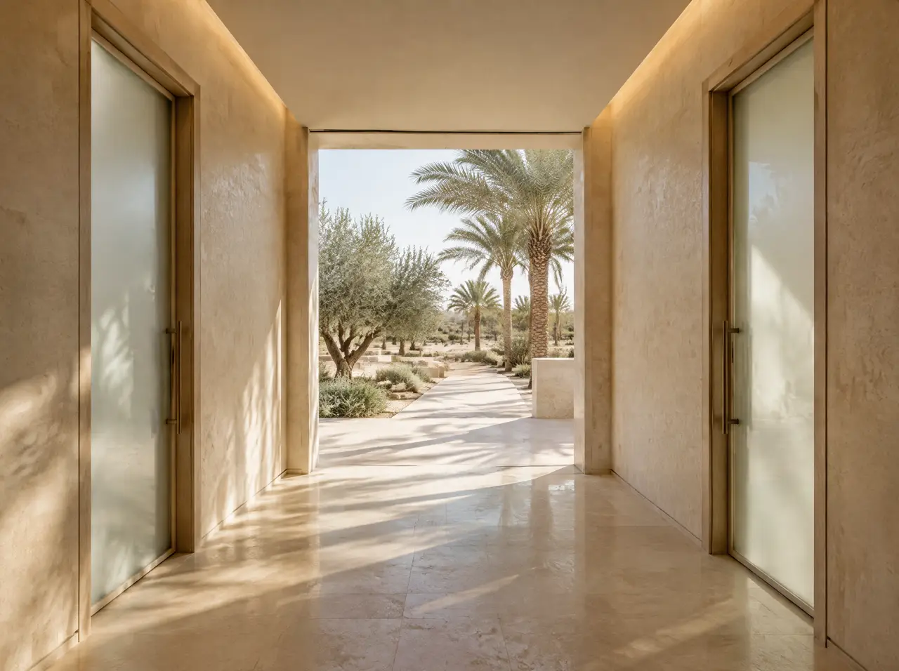 Club corridor with two matching frosted-glass doors, one for each side of a recovery suite, warm indirect light and a limestone floor