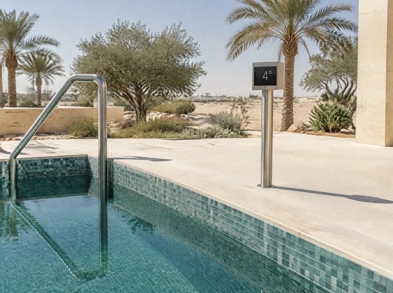 Close detail of a cold plunge pool edge in harsh midday sun with teal mosaic, a steel handrail and a slim display post reading 4°