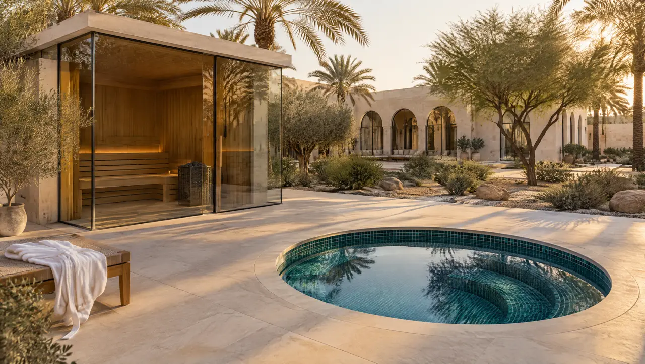Back garden of a compound villa with a flat-roofed glass-cornered sauna pavilion, a round cold plunge pool, a majlis building with arched windows and date palms