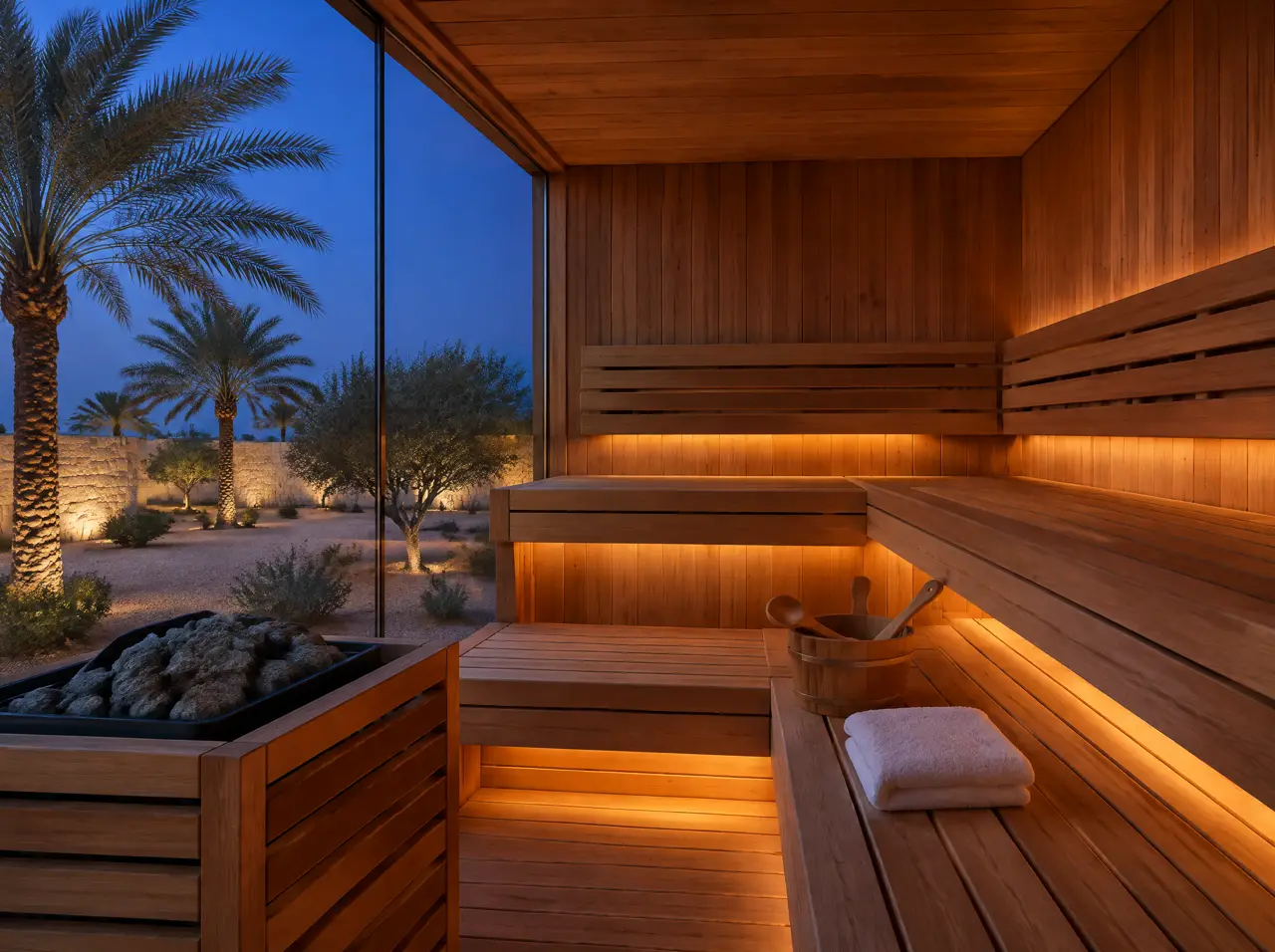 Interior of a cedar sauna with two levels of benches, a heater with grey stones, a wooden bucket and ladle, and a glass wall facing palm trees at dusk