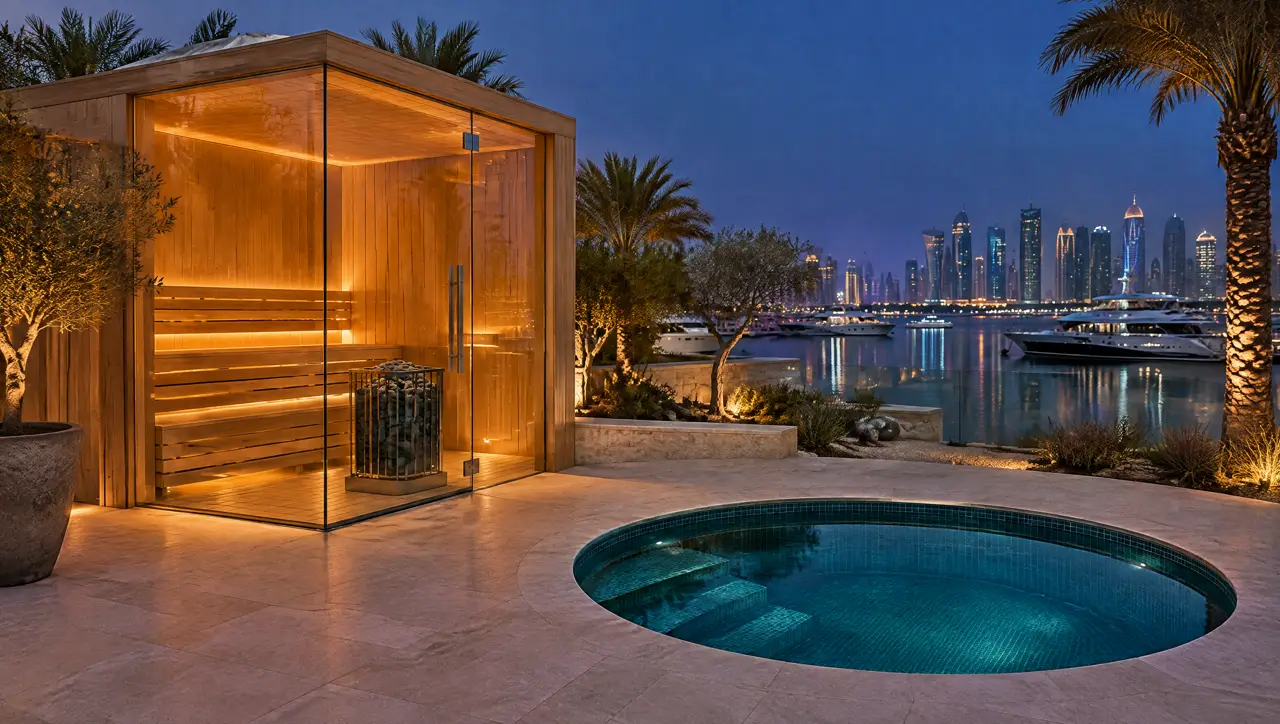 Villa terrace on a Doha island marina at blue hour with a glass-cornered sauna, a round cold plunge pool, yachts and a skyline of glass towers across the water
