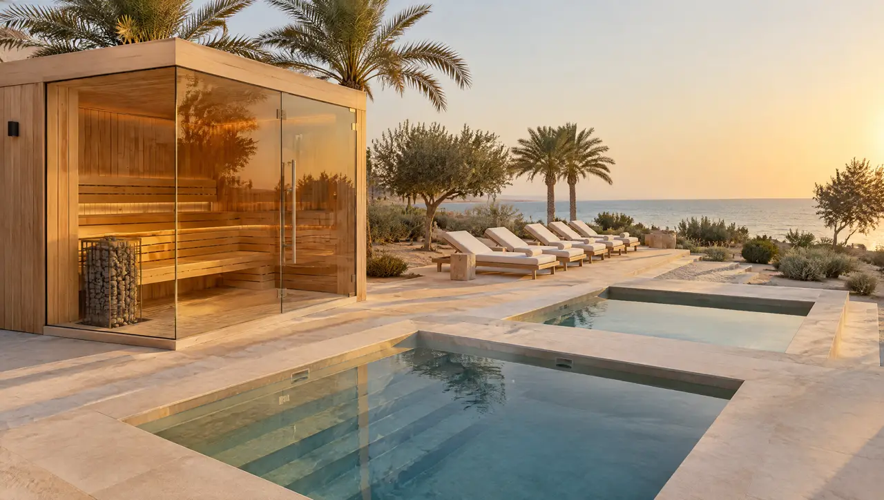 Finished hotel wellness terrace on the Saudi Red Sea coast with a glass-cornered sauna, two small cold plunge pools in a limestone deck, white loungers and the sea beyond