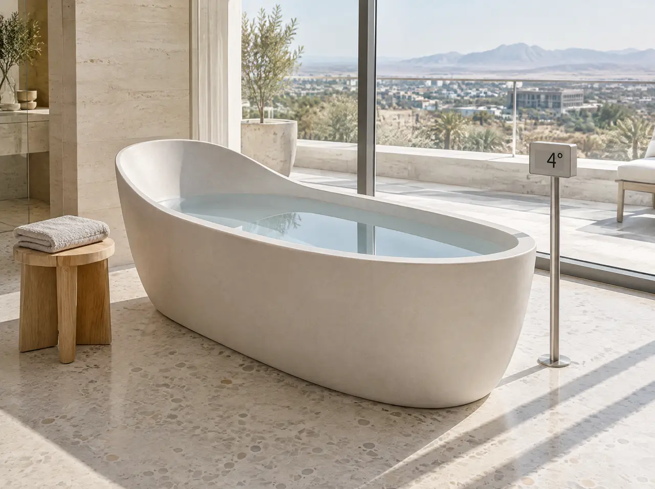 Matte stone-white free-standing ice bath tub on a terrazzo floor in a bright apartment wet room, with a wooden stool and a slim temperature display