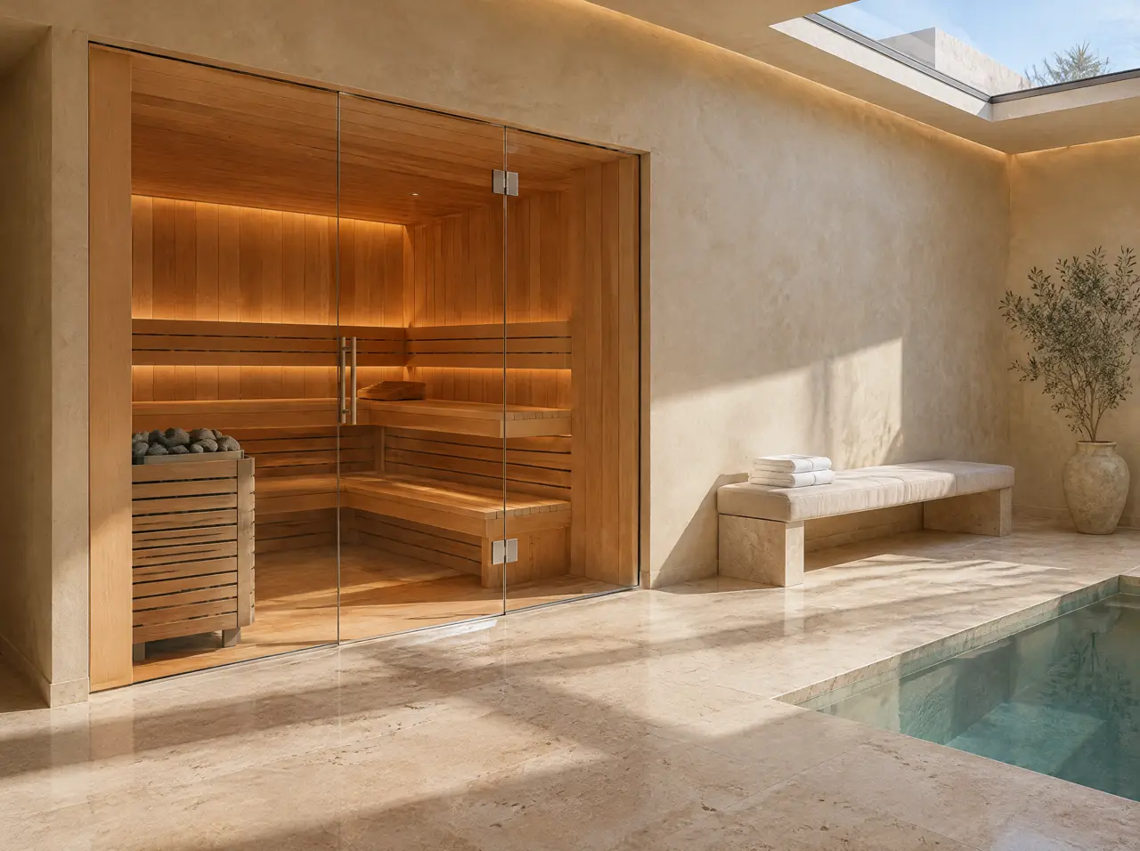 Full-glass-front sauna built into a lime-plaster wall of a villa wellness room with a travertine floor and skylight