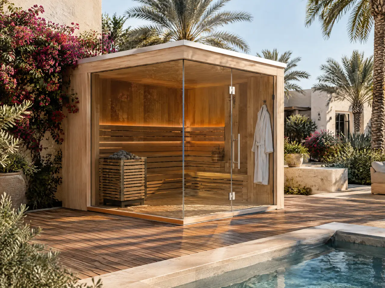 Corner glass sauna on a teak deck in a villa garden with bougainvillea and date palms, a cold plunge pool edge in the foreground