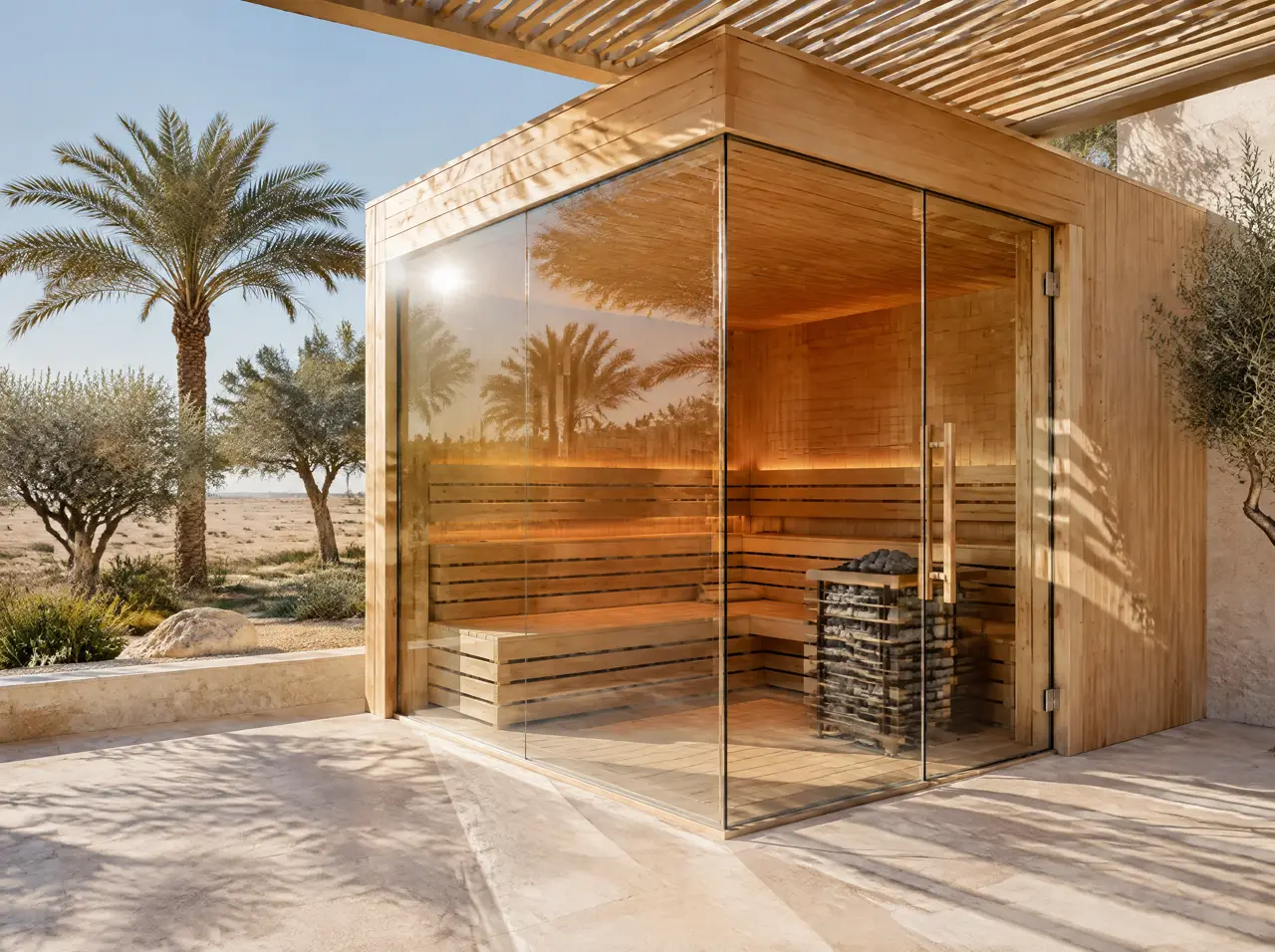 Glass-cornered sauna on a sunlit terrace in strong midday sun with a louvred shade screen above and long shadows on the stone