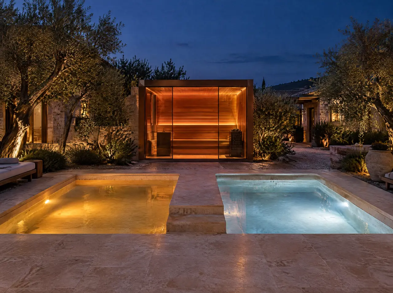 A warm pool lit amber and a cold plunge pool lit pale blue side by side on a travertine terrace, with a glass sauna glowing behind them at dusk