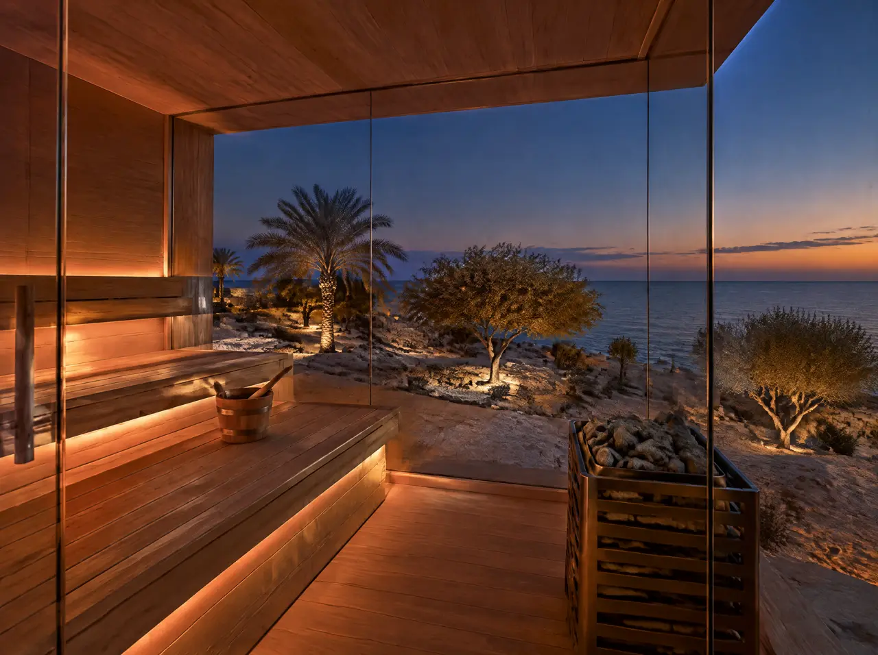 Hotel sauna interior with two bench levels, a heater with stones and a glass wall facing the sea