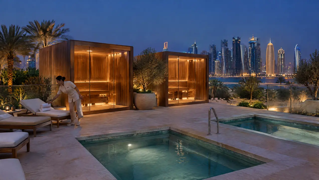 City hotel rooftop wellness deck at blue hour with two glass-fronted saunas, two small cold plunge pools in a limestone deck, white loungers and a staff member placing a towel