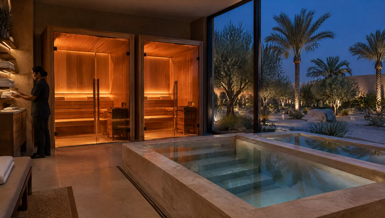 A hotel wellness level with glass saunas and a pair of cold plunge pools at dusk