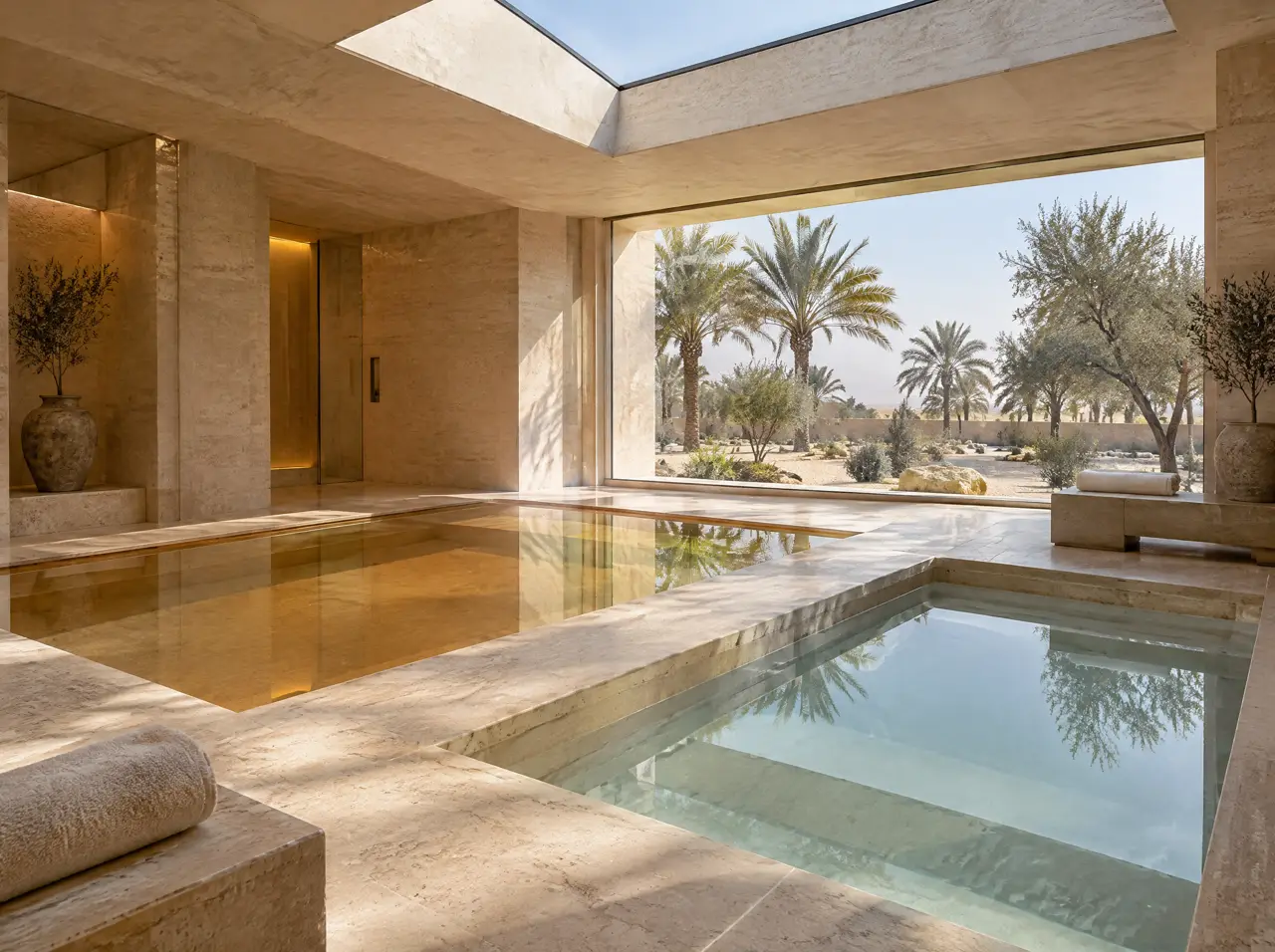 Indoor hot and cold pool pair under a skylight