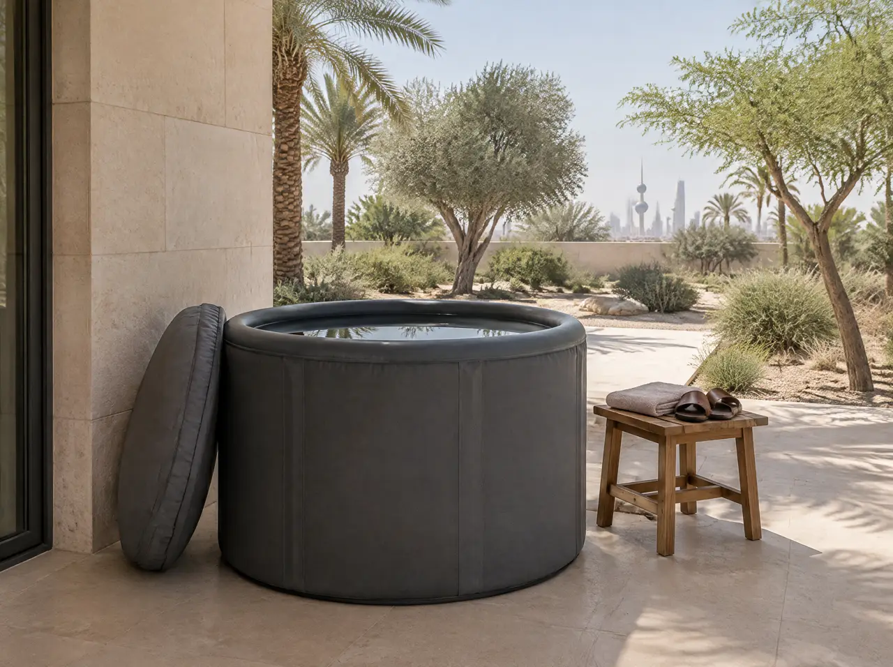 Plain dark drop-stitch inflatable ice bath tub with its grey insulated lid leaning beside it on the shaded covered terrace of a Kuwait City villa, a towel and slippers on a teak stool