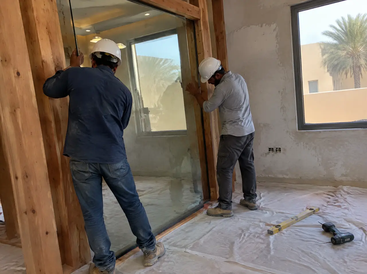 Two installers in hard hats fitting a glass wall into a cedar cabin frame in a half-finished villa room in Riyadh