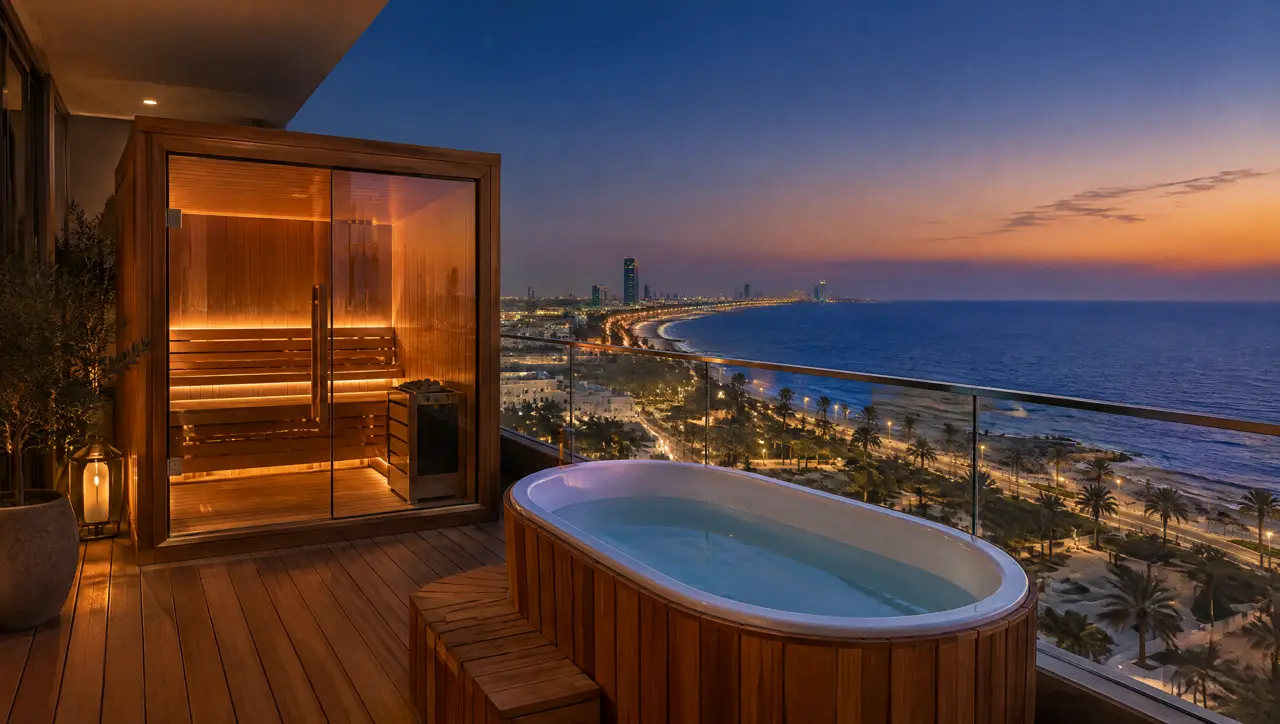 Wide apartment balcony in Jeddah at sunset with a compact glass sauna on a teak deck, a small timber cold tub with a white liner and the Red Sea beyond