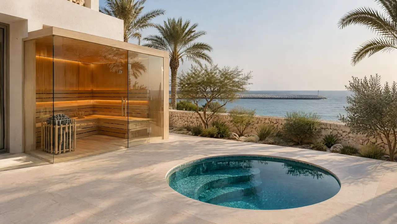 White villa terrace on the north corniche in Jeddah in late afternoon with a glass-cornered cedar sauna and a round cold plunge pool on a stone deck, the calm Red Sea and a distant breakwater beyond a garden wall