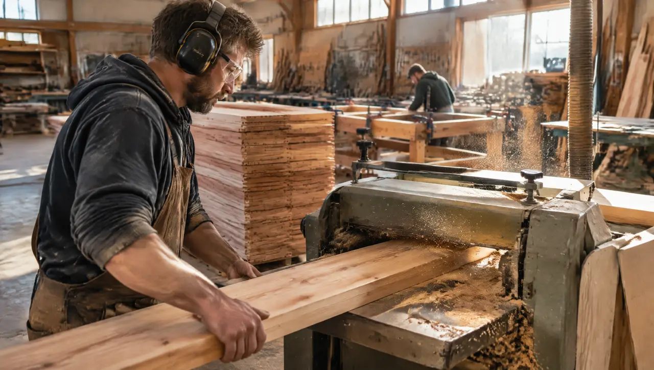 Carpenter planing a cedar board in the joinery with sawdust in a sunbeam