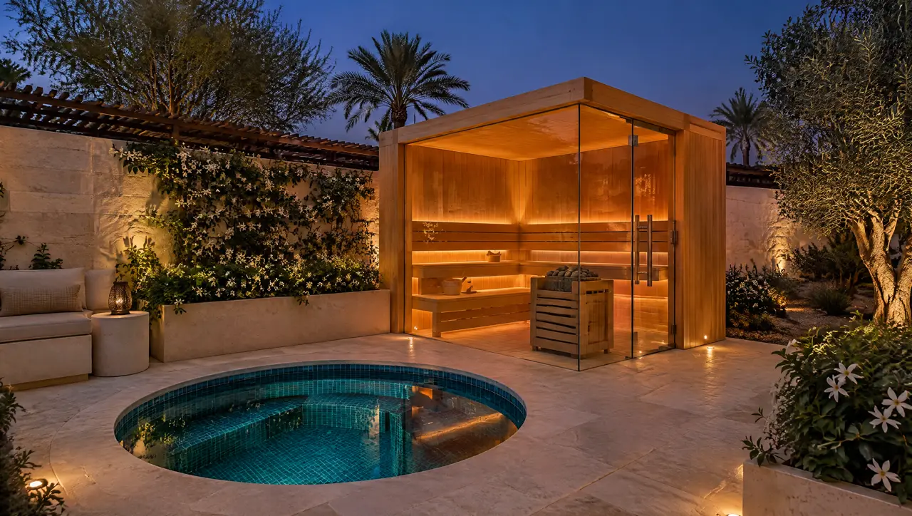 Finished ladies' wing garden of a Khobar compound villa with high limestone privacy walls, a timber trellis, a glass-cornered sauna, a round cold plunge pool and jasmine in planters at dusk