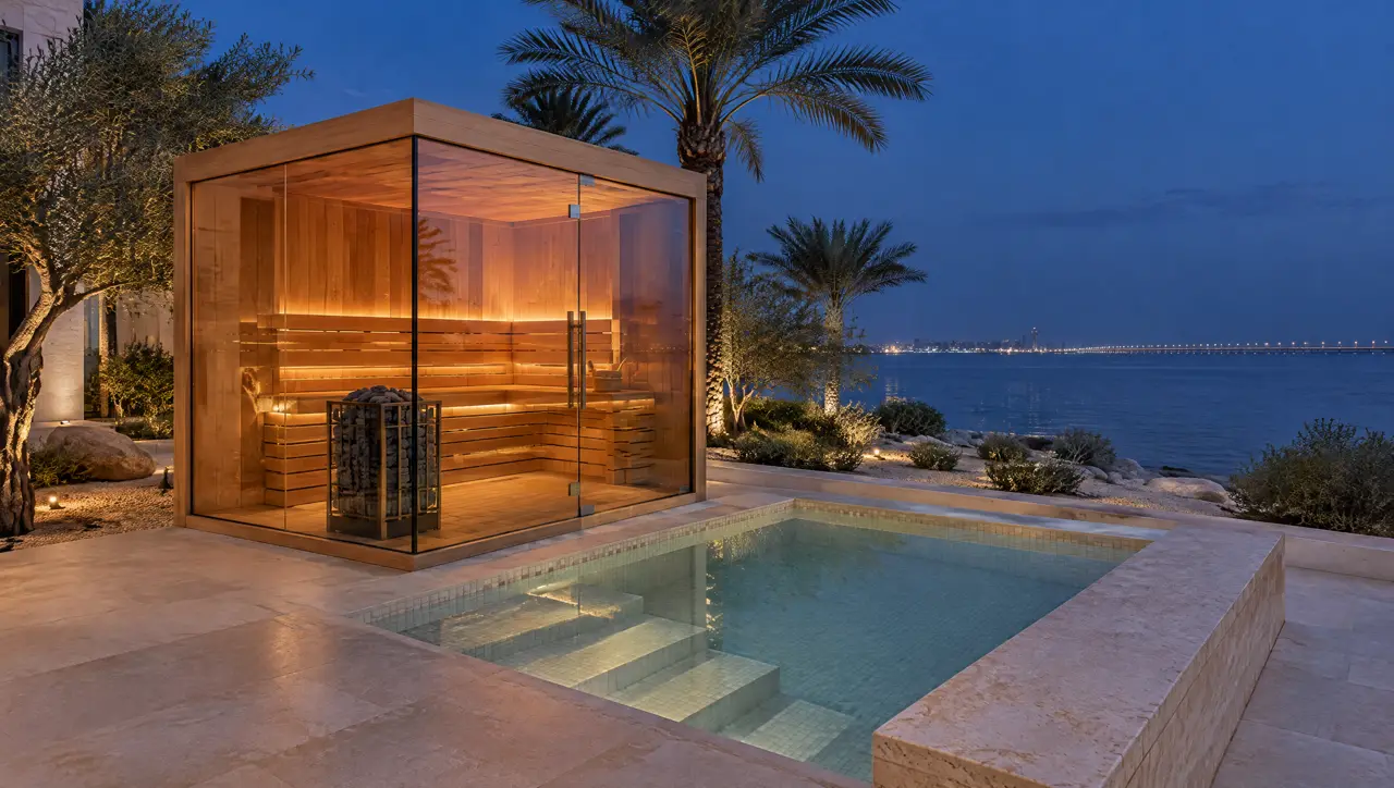 Waterfront villa terrace in Al Khobar at blue hour with a glass-cornered sauna glowing copper beside a square cold plunge pool on pale stone paving, the calm Arabian Gulf and distant lights beyond