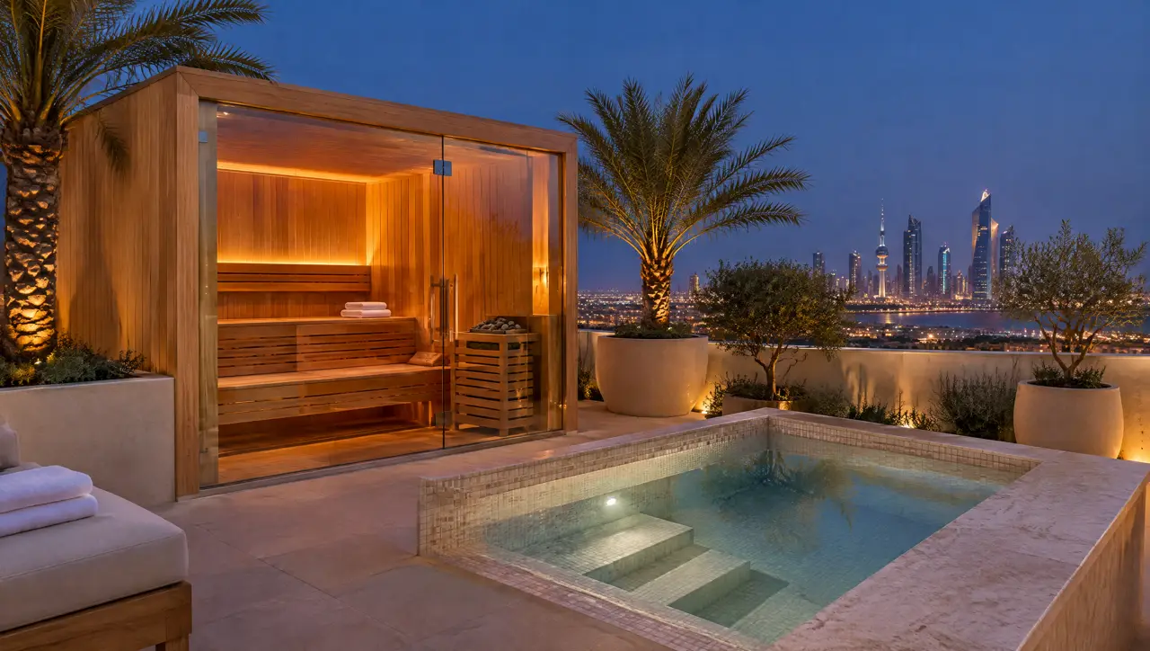 Rooftop terrace in Kuwait City at dusk with a glass-fronted cedar sauna, a small square cold plunge pool, date palms in planters and the city lights