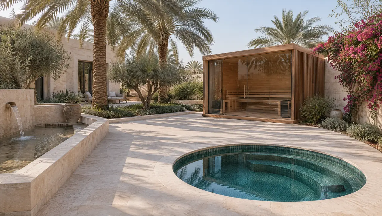 Kuwaiti family villa garden in the afternoon with a pale stone courtyard, a trickling fountain, date palms, a glass-fronted cedar sauna pavilion, a round cold plunge pool and bougainvillea on the wall