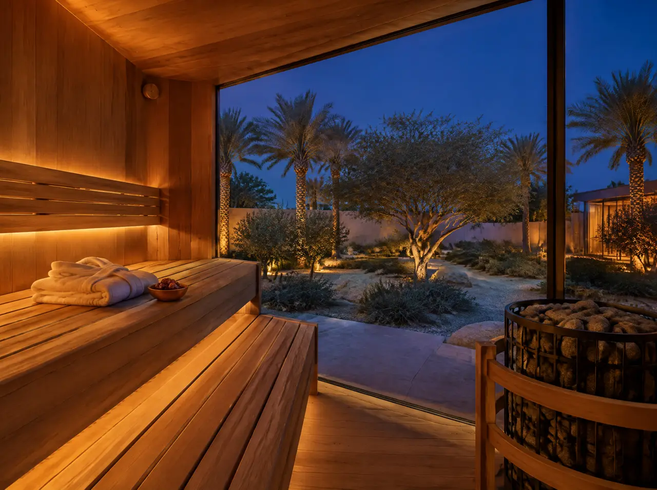 Interior of a villa's ladies' sauna with a folded robe and a bowl of dates beside the bench
