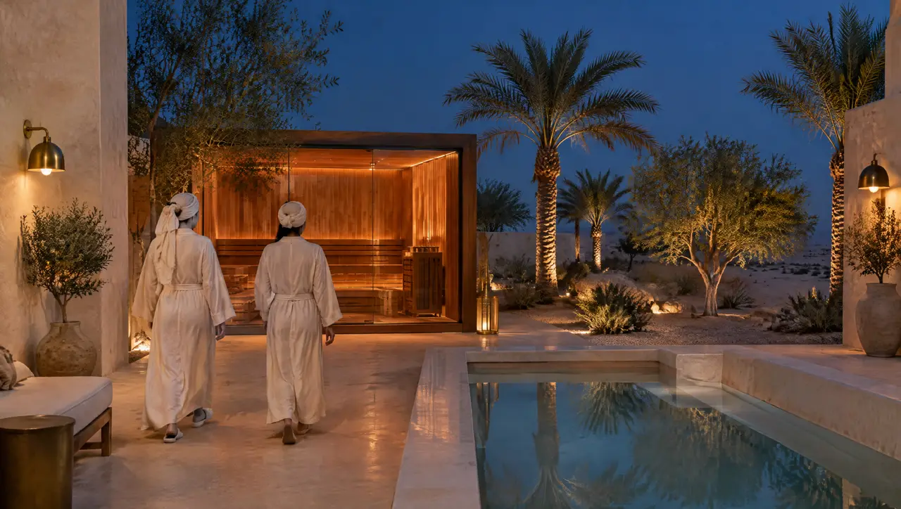 Private ladies' wellness lounge with cream plaster walls and brass lamps, a glass-front cedar sauna glowing copper, a small cold plunge pool and two women in cream robes walking toward it, seen from behind