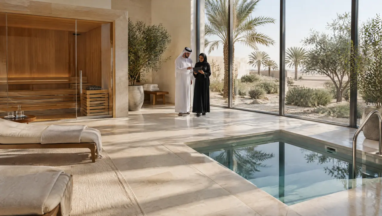 Longevity clinic recovery floor with pale limestone and oak, a glass-fronted cedar sauna, a small cold plunge pool and two professionals reviewing a tablet by tall windows