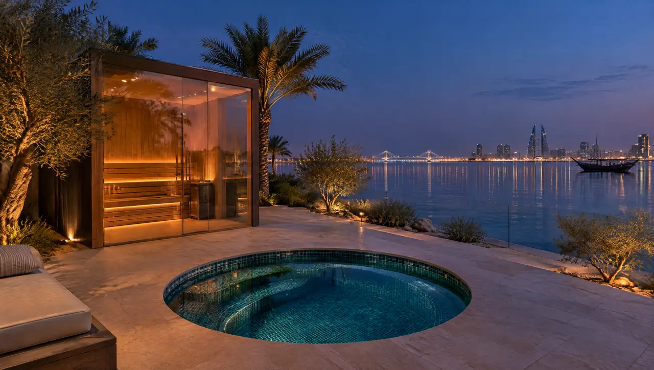 Waterfront apartment terrace in Manama at dusk with a small glass-fronted cedar sauna, a round cold plunge pool, harbour lights, a distant bridge and the silhouette of a dhow