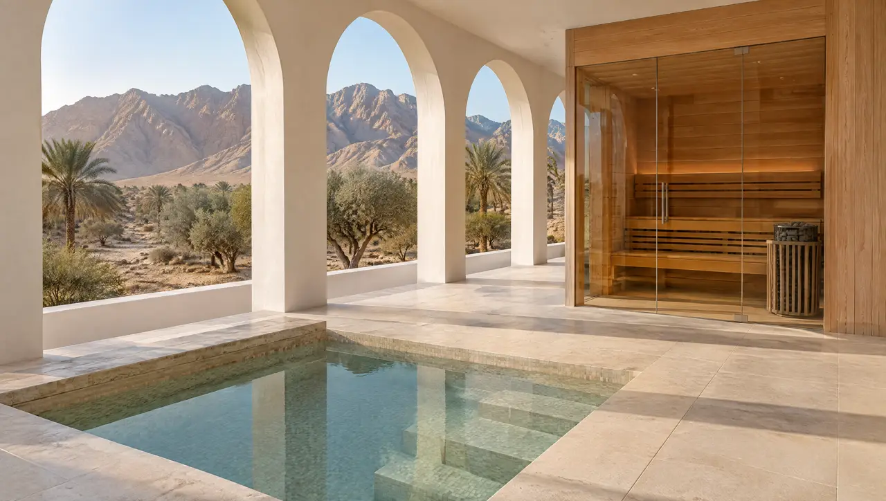 Whitewashed villa terrace in Muscat with a colonnade of rounded arches, a square cold plunge pool flush with the stone floor, a glass-fronted cedar sauna and the Hajar mountains behind