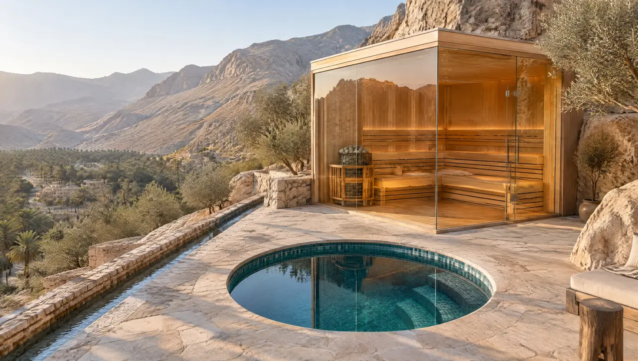 Mountain lodge terrace in the Hajar mountains at sunrise with a stone terrace, a narrow falaj channel, date palms far below, a glass-cornered cedar sauna and a round cold plunge pool against warm rock walls