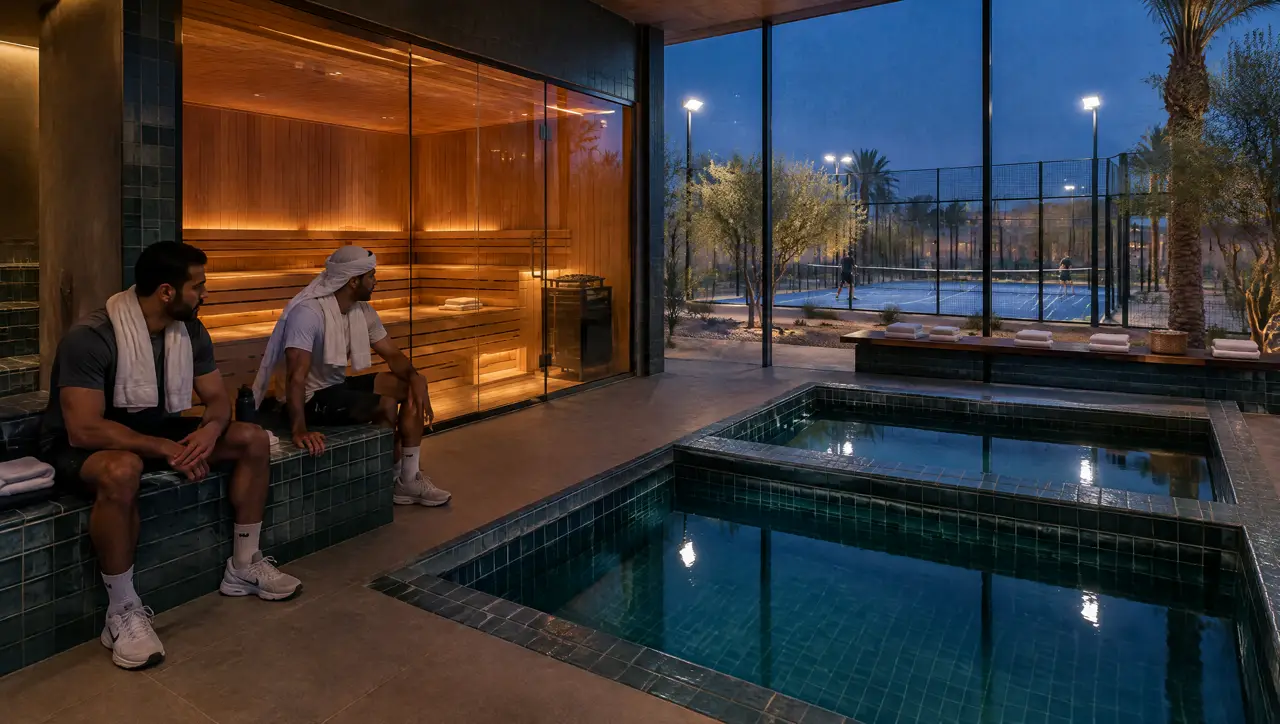 Recovery room of a padel club with a glass-fronted 8-seat sauna, two dark-teal cold plunge pools and two members in training wear on a tiled bench, with floodlit courts through the glass