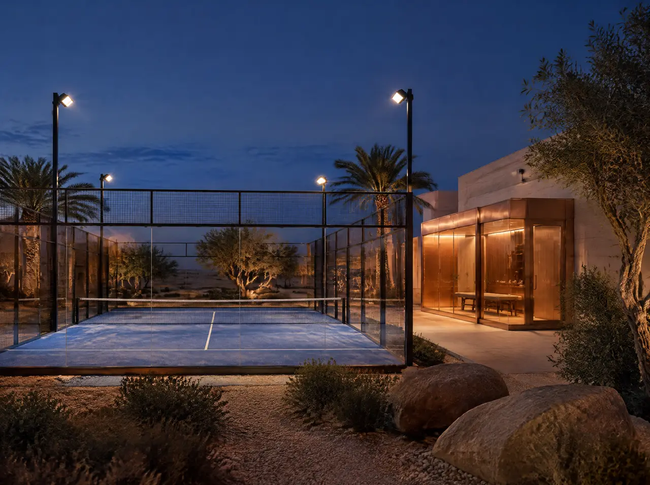 Padel court at dusk under floodlights, empty, with a small glass-fronted recovery room built onto the side of the club building and glowing copper
