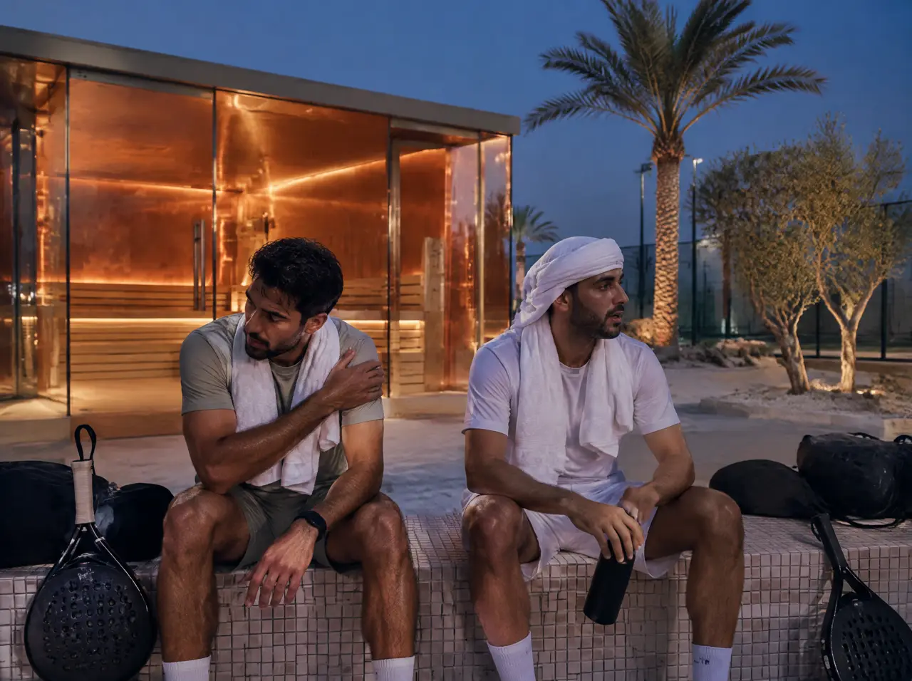 Two club members in training wear sitting on a tiled bench after a padel match, tired and quiet, with the glass front of the sauna glowing behind them