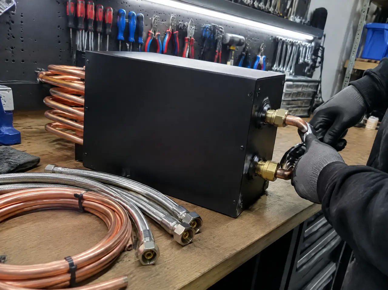 Plain matte black rectangular chiller casing with no markings on a workshop bench, with copper pipe coils and braided hoses beside it and a technician's gloved hands tightening a fitting