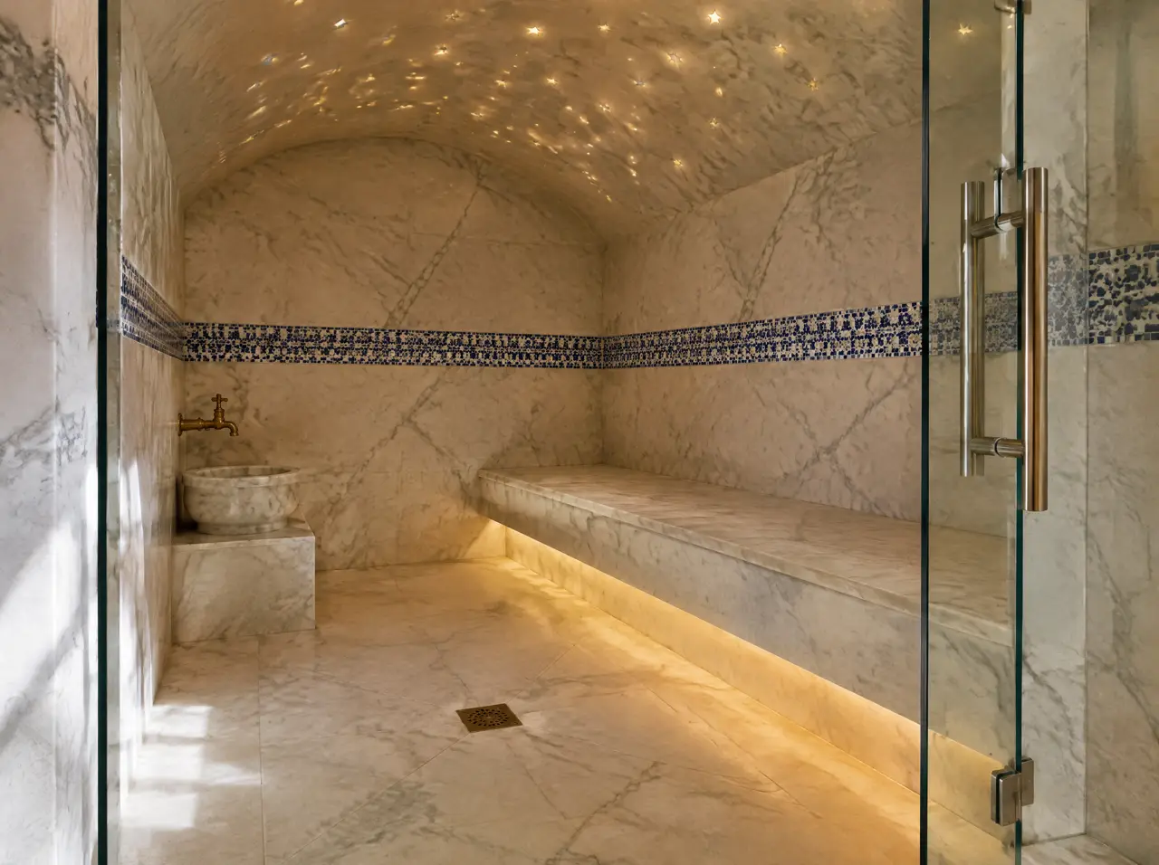 Private hammam steam room in cream marble with a band of blue-and-white mosaic, a wide heated marble bench, a brass tap over a small basin, a vaulted ceiling with star-shaped light points and a floor drain, seen through an open glass door