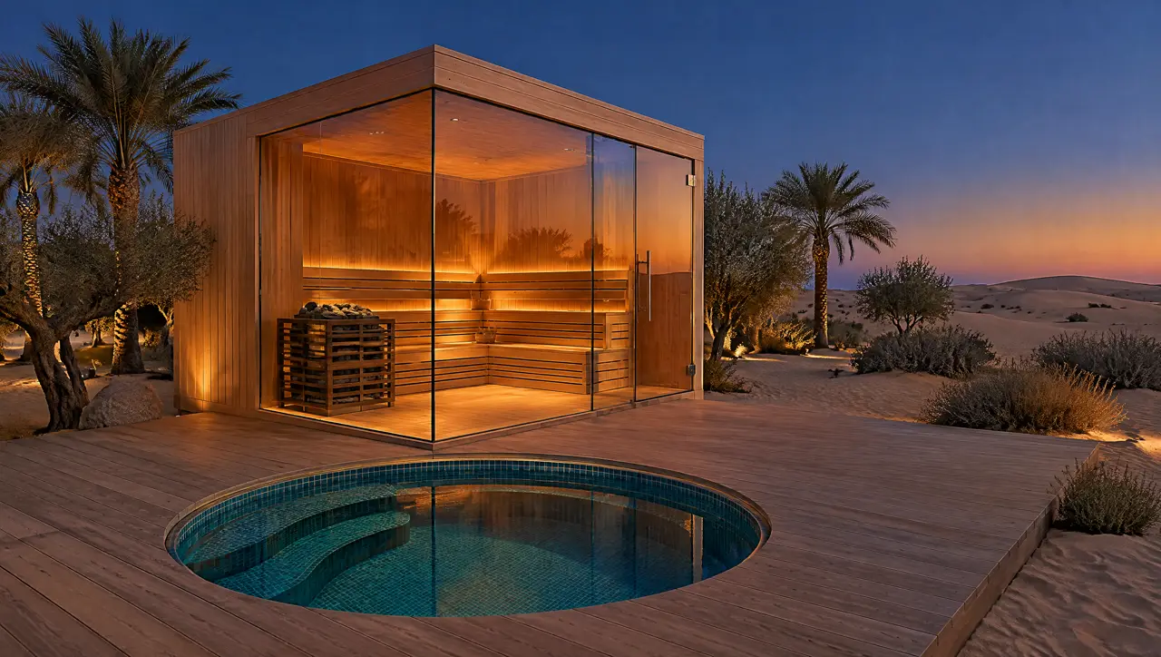 Desert-dune retreat in Qatar at dusk with a glass-cornered cedar sauna and a round teal-mosaic cold plunge pool on a timber platform among date palms and sand dunes