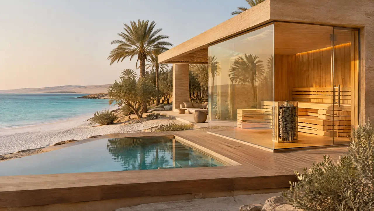 Low sand-coloured rammed-earth resort villas on the Saudi Red Sea coast, a cold plunge pool set into a timber platform above a white beach, a glass-cornered sauna pavilion at the edge, turquoise sea and pale dunes at golden hour