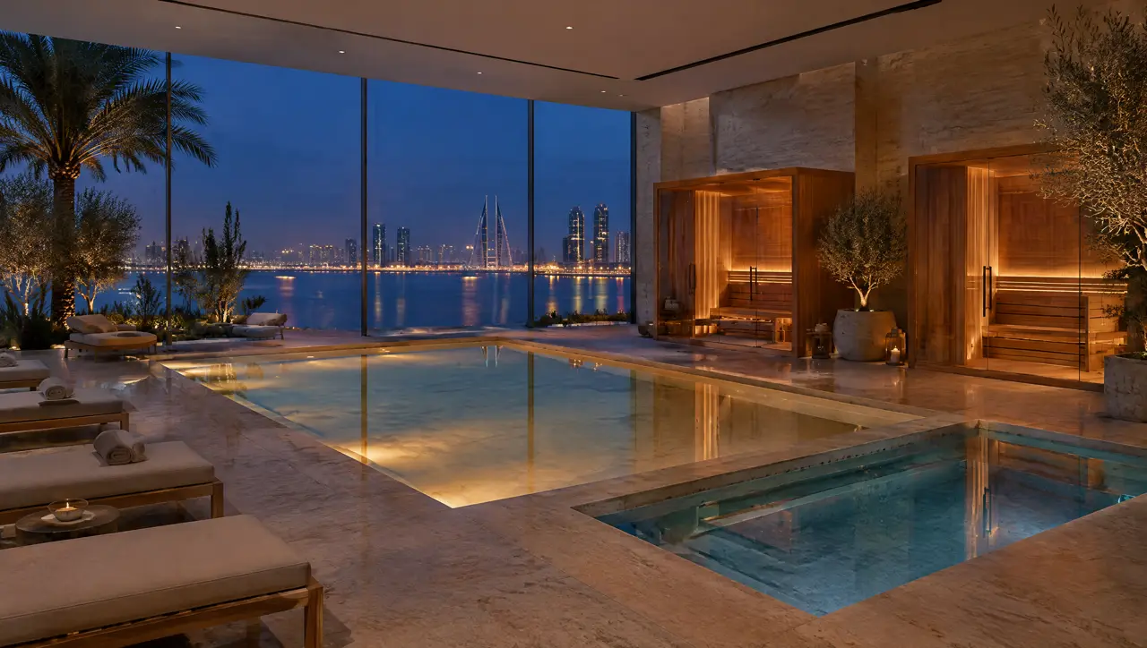 Residential tower amenity floor in Manama at dusk with a glass wall to the harbour lights, a warm and a cold pool side by side in travertine and two glass saunas