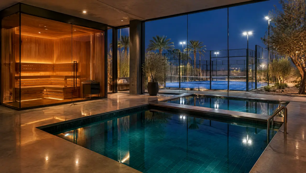 Finished recovery wing of a Riyadh padel and fitness club at night with a glass-fronted sauna, a warm and a cold pool in dark teal tile, and floodlit padel courts through the glass