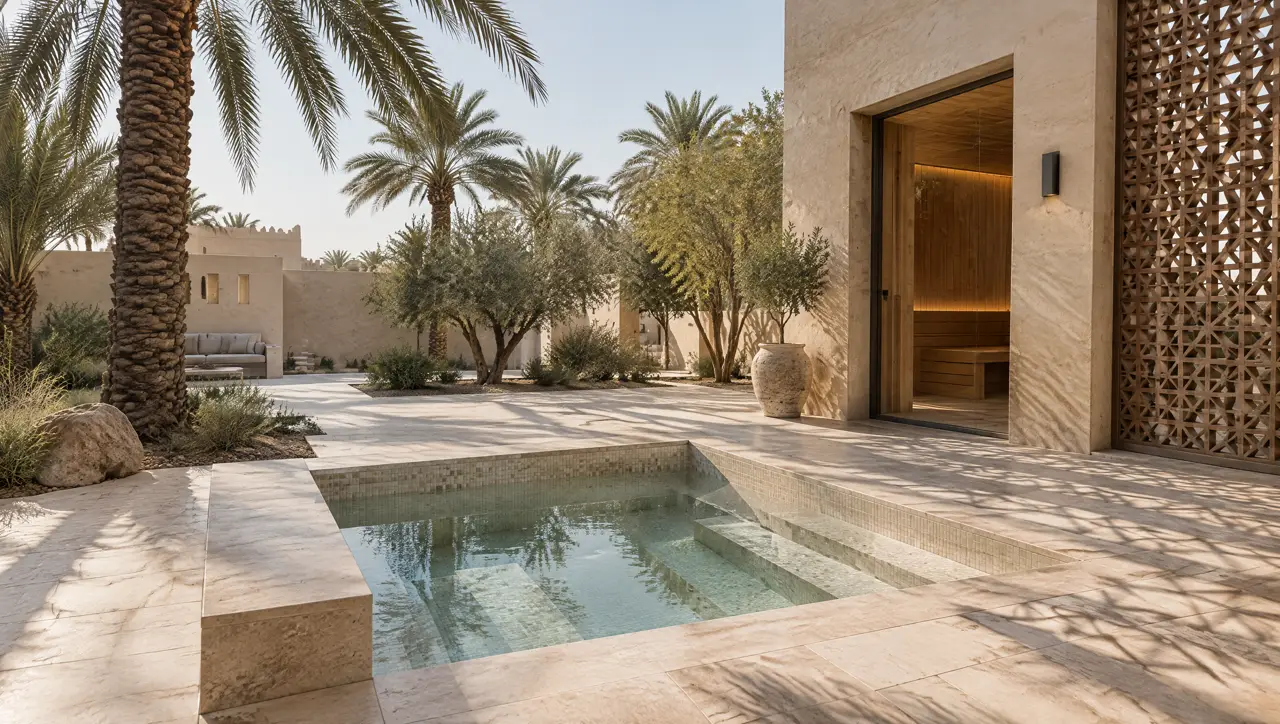Villa courtyard in Riyadh in clear winter daylight with a square cold plunge pool flush with sandy travertine, a glass-fronted cedar sauna set deep in the wall, a geometric screen throwing patterned shadows and date palms