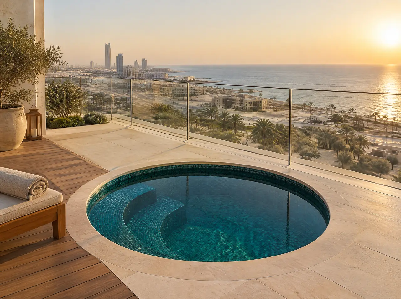 Round plunge pool on a Jeddah rooftop with a glass balustrade