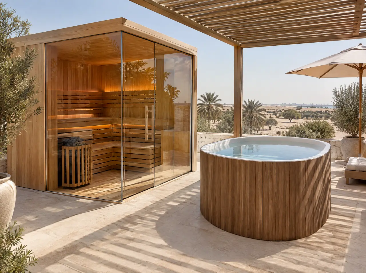 Rooftop terrace in hard sun with a glass-cornered sauna and a timber cold tub with a white liner under a slatted shade pergola and a parasol