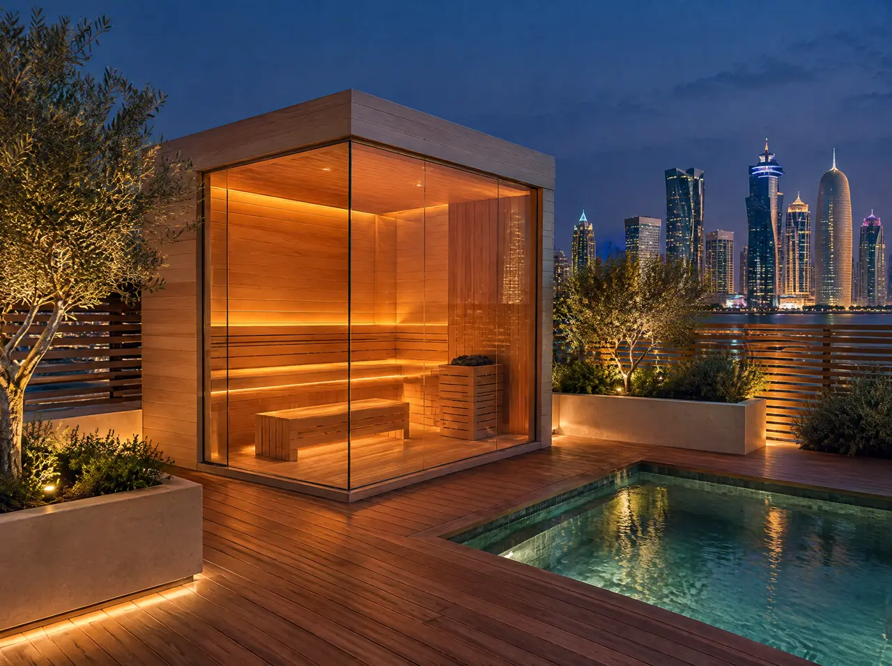 Flat-roofed glass-cornered sauna on a rooftop terrace with a teak deck, olive planters and a small plunge pool, towers softly out of focus at blue hour