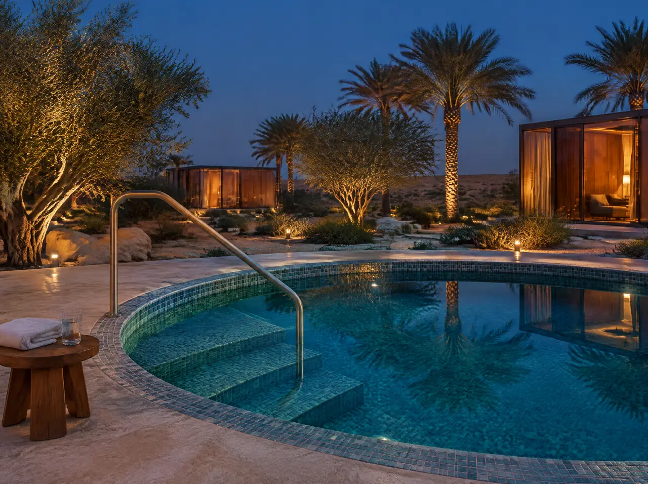 Round cold plunge pool with teal mosaic, a steel handrail and a teak stool with a folded towel